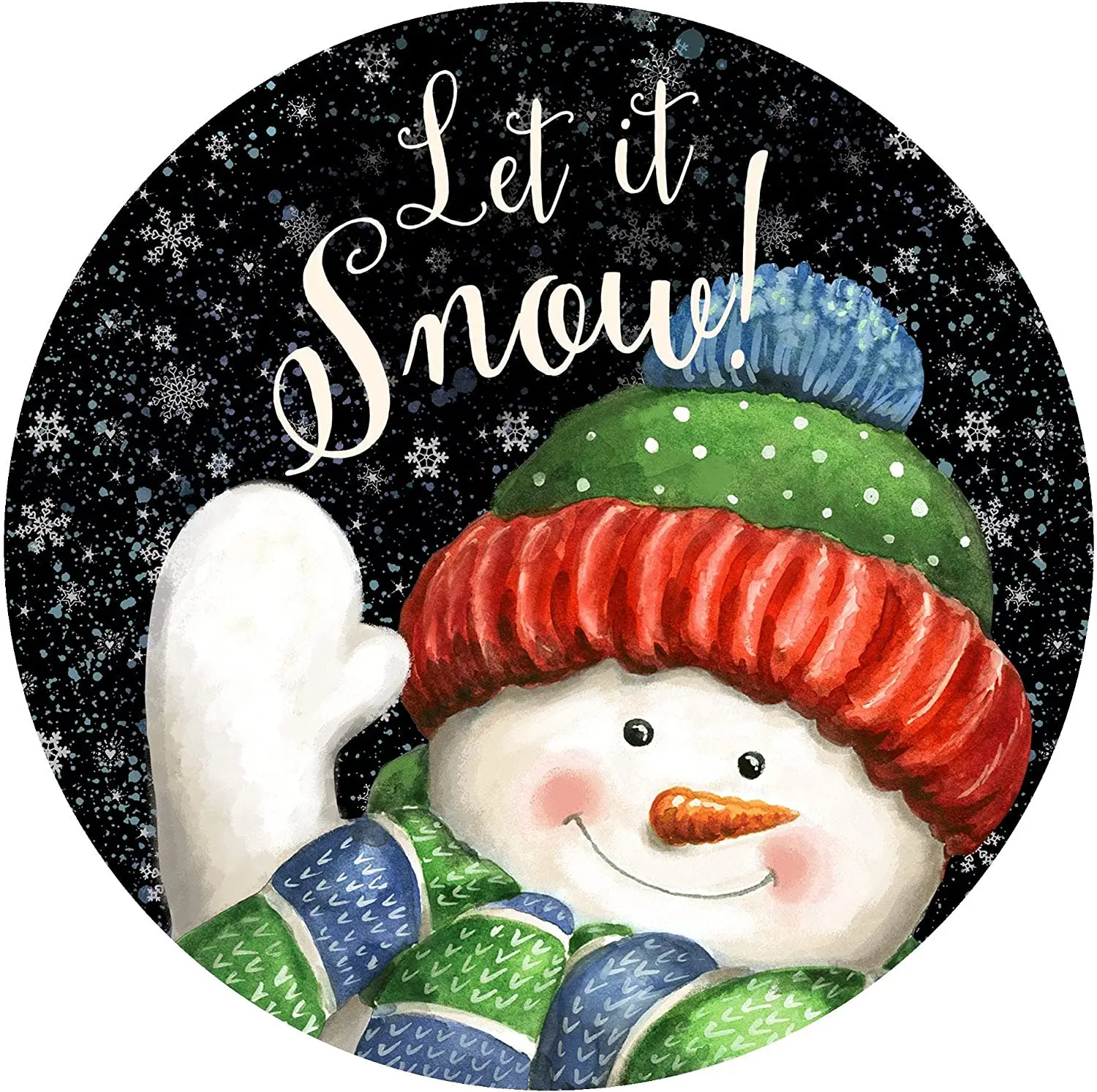 

Round Metal Tin Sign Rustic Wall Decor Wall Plaque Let it Snow Waving Snowman Wreath Sign, Snowman Sign,Suitable for Home