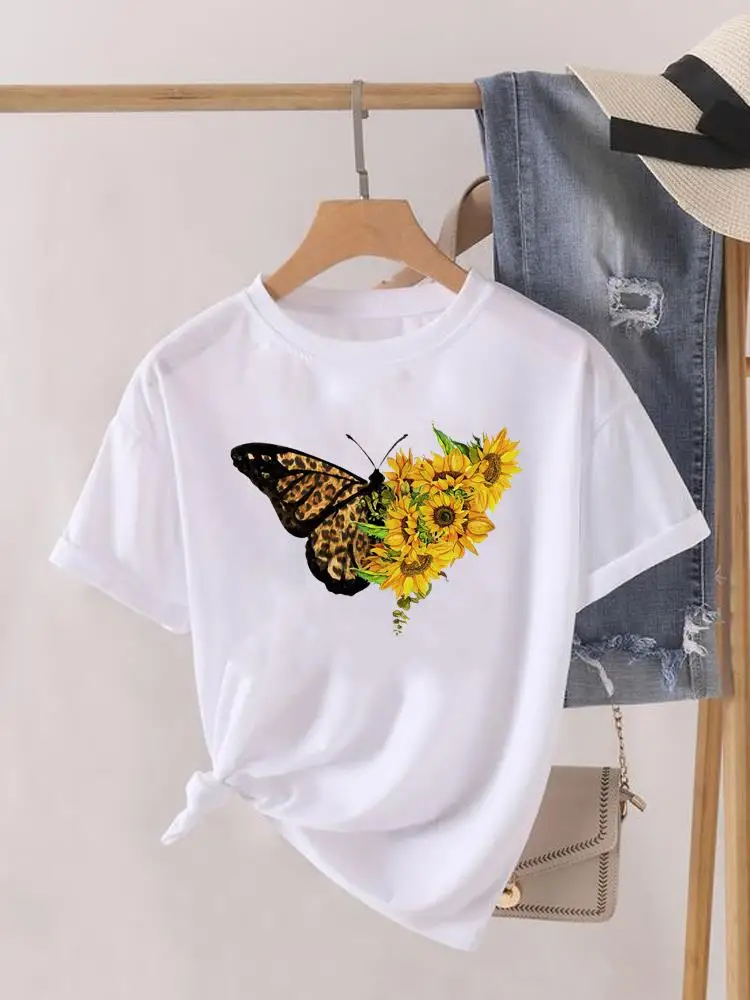 

Leopard Flower Butterfly Short Sleeve Print Fashion Graphic T-shirt Women Top Lady Female Shirt Tee O-neck Clothing Clothes