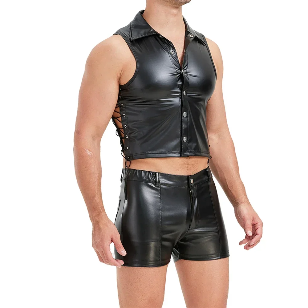 

Men's PU Leather Sleeveless Vest with Elastic Waistband Shorts Side Hollow Out Lace-up Button Tank Tops Sexy Male Sets Clubwear