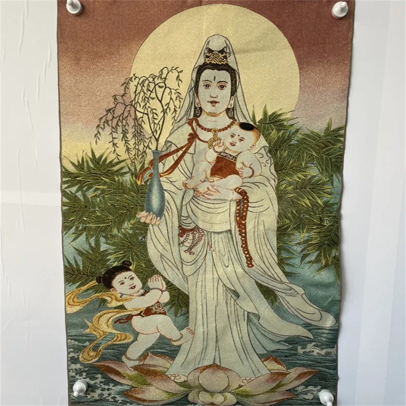 China old Silk Brocade Tangka Wall Art 'Guanyin Sending Children' Embroidery Traditional Home Decor Artistic Piece