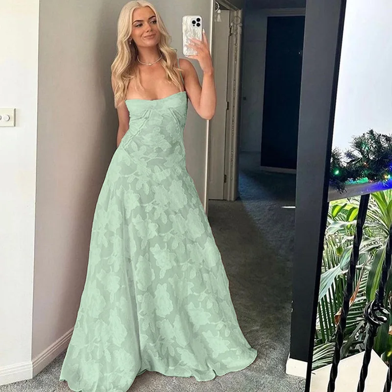 Verão elegante maxi vestido 2024 feminino vestido de convidado de casamento rendas até vestidos de festa verde cinta de espaguete vestido longo 5.0 3