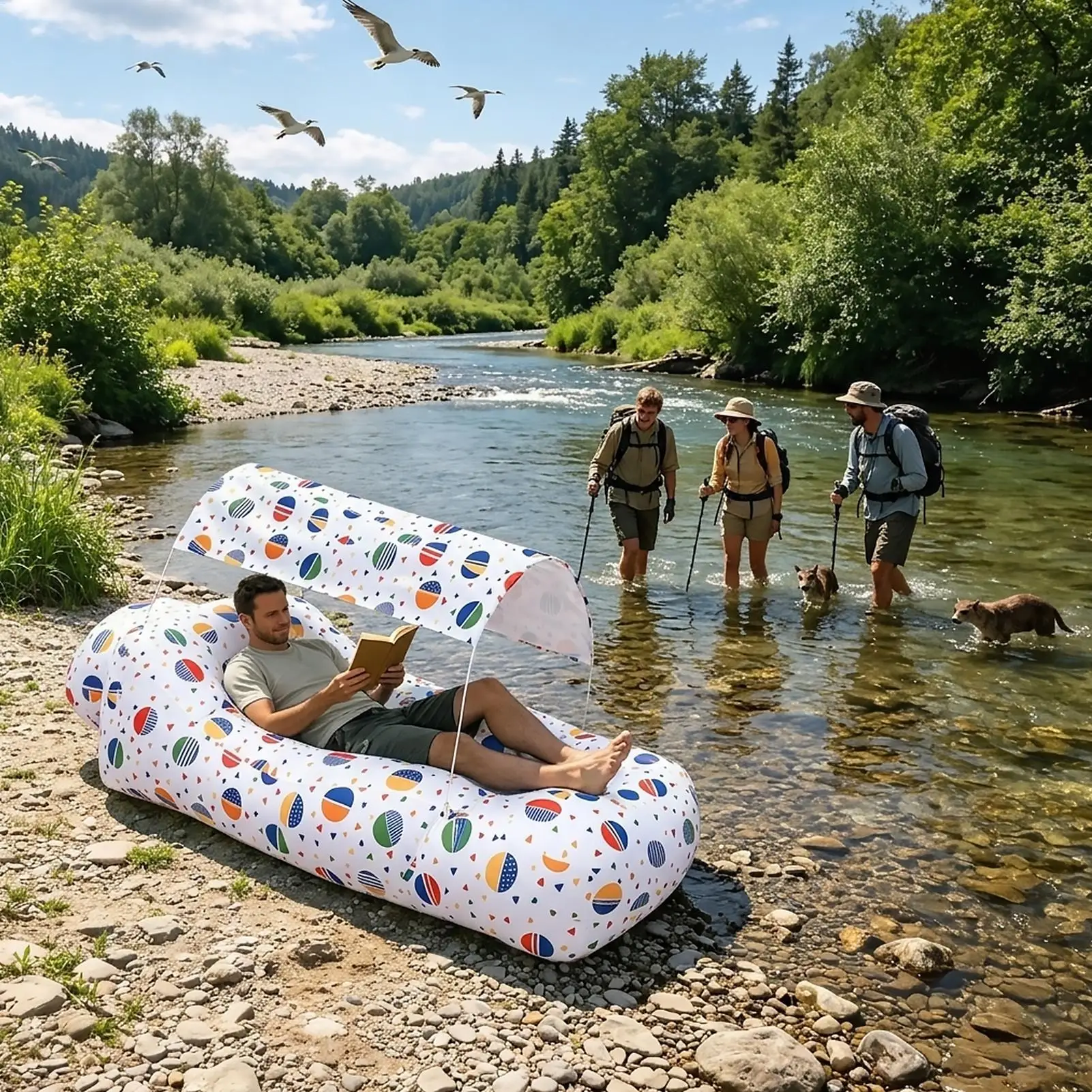 

Inflatable Lounger Camping Air Sofa With Sun Shade Backyard Pool Lounger For Outdoor Camping Hiking Picnic Vacation Backyard