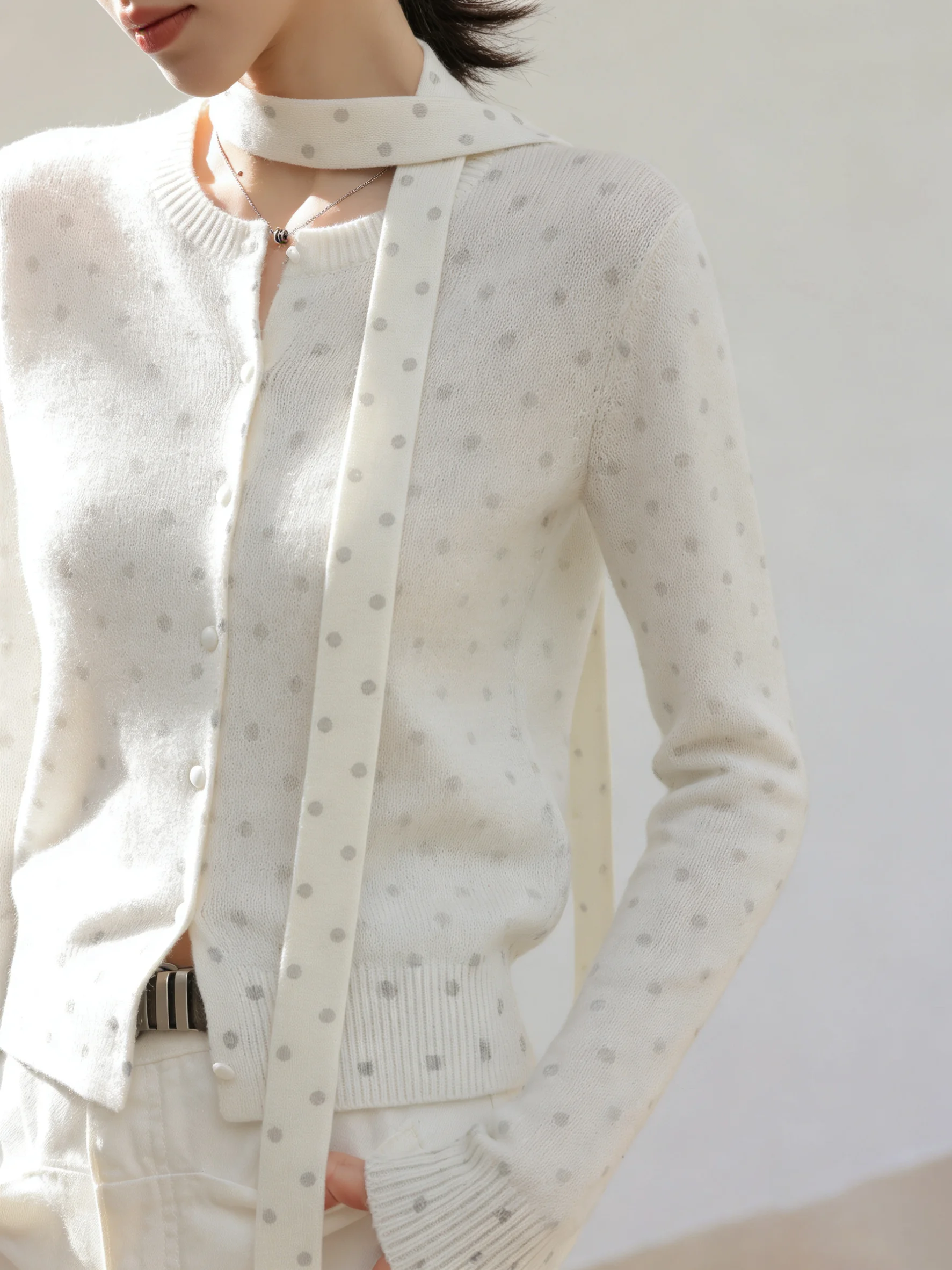 

Корейский белый вязаный кардиган в горошек, уникальный, красивый, в стиле Miu, весенняя новинка, винтажный, свободного кроя, повседневный, для отдыха