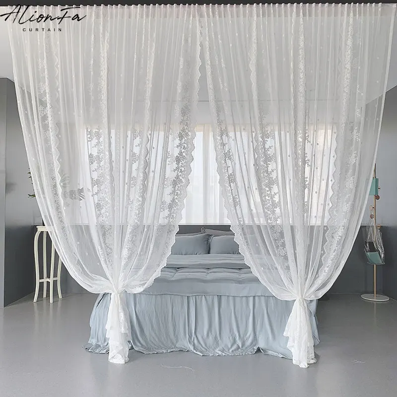 

Korean White Floral Lace Tulle Curtains For Living Room Bedroom Sheer Voile Curtain For Kitchen Blind Wedding Coffee Store Decor