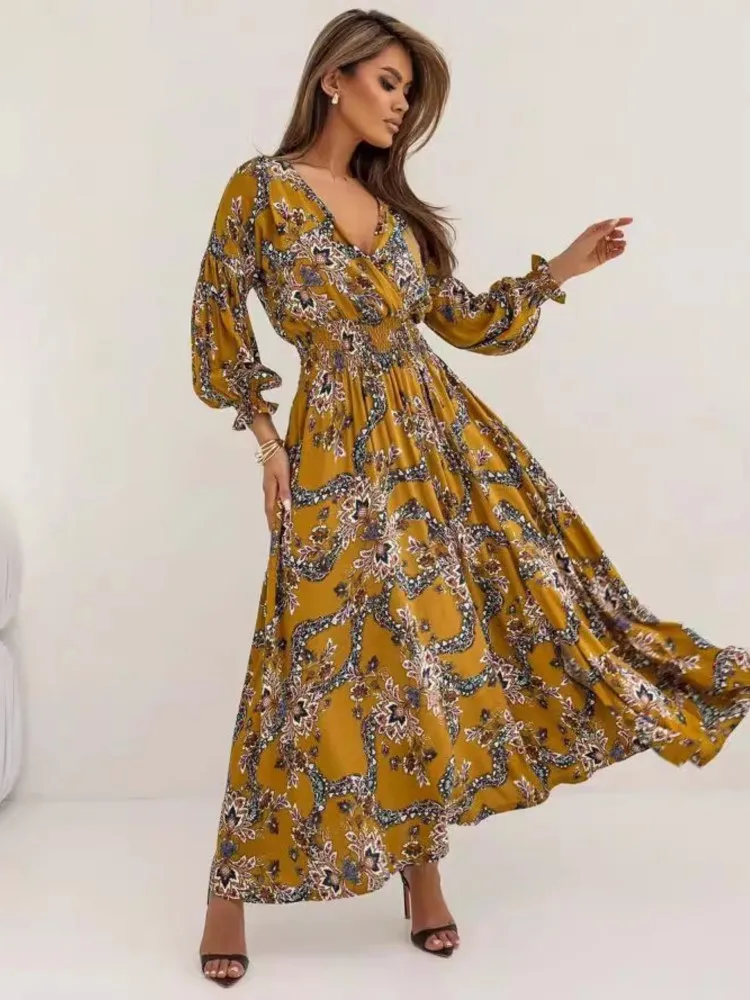 Sukienka damska z modnym nadrukiem, wiosenna, z długim rękawem, dekolt w serek, seksowna, z rozcięciem, długa, damska, elegancka, boho, w kwiaty, Vestidos, jesień 2025