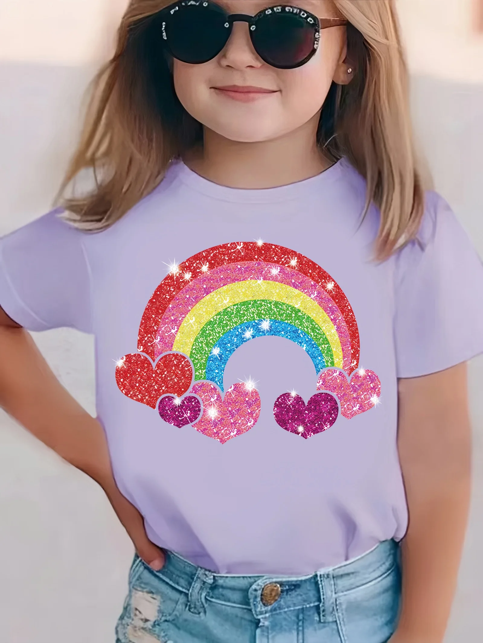 2026 Summer Fashion Girls' Pure Cotton Round Neck Short Sleeve Rainbow Heart Print T-Shirt Casual Versatile Top Trendy Clothing