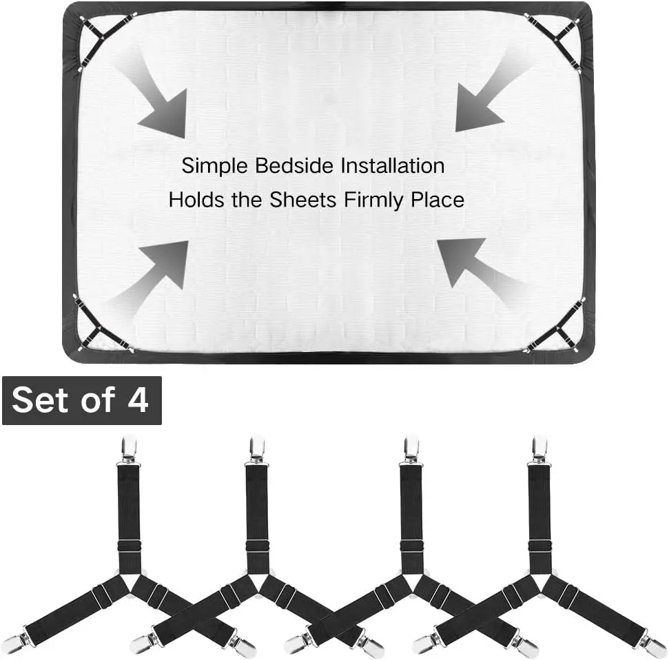 4Pcs/Set Black，Bed Sheet Holder Straps, Upgrade Non Slip Sheet Clips, Fitted Sheet Holders for Corners, Easy Install Adjustable Elastic Firm Tight Accessories,