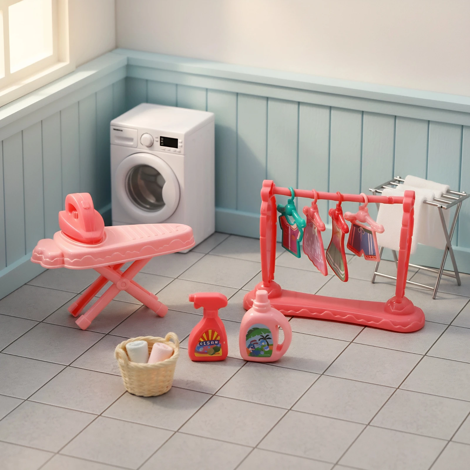 New Home Toy Mini Drying Rack Combination Laundry Detergent Washing Machine Clothes Rack Dollhouse Accessories