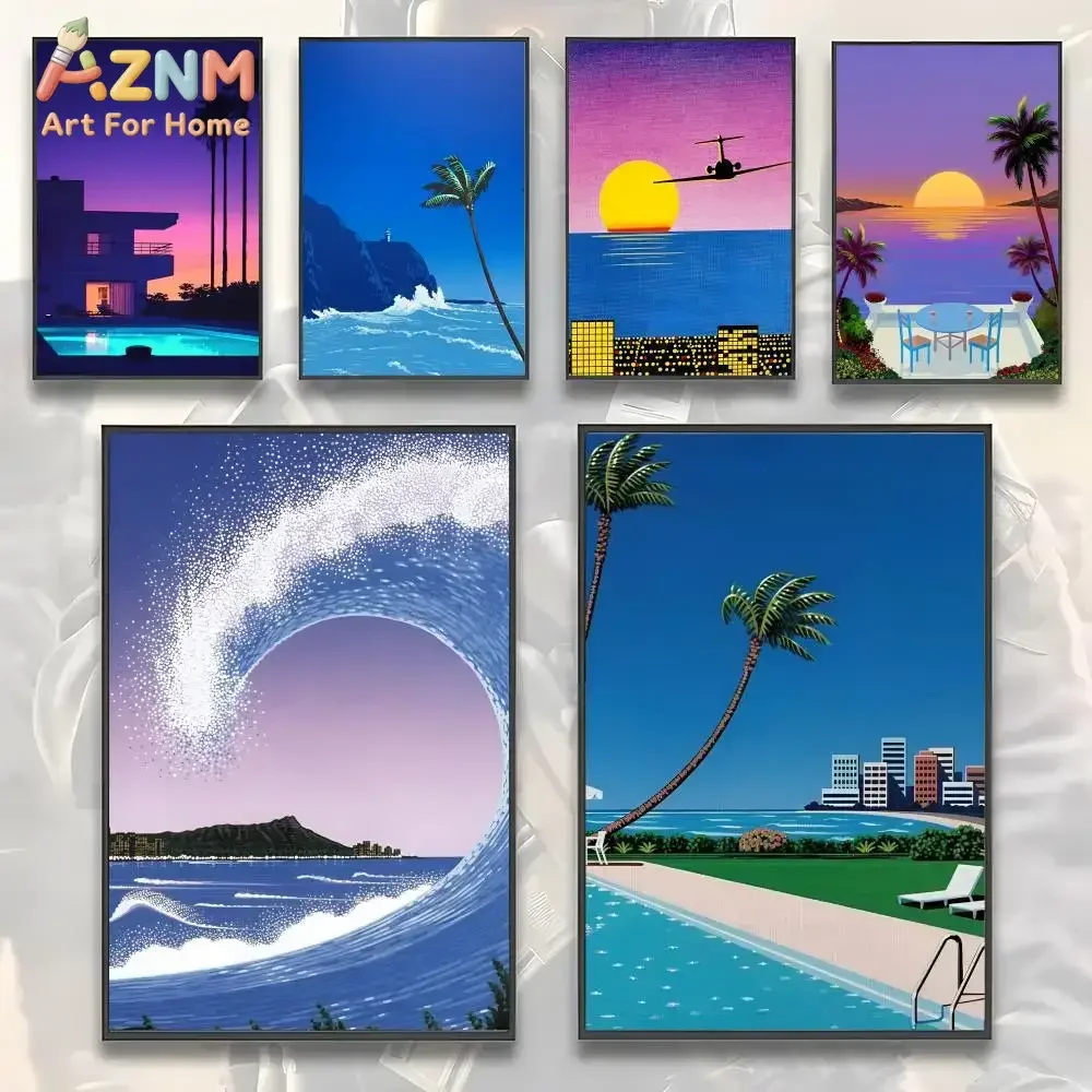 AZNM Retro 80s City Pop Beach Canvas Wall Art, Palm Tree Ocean Wave Sunset Japanese Vintage Illustration Print, Unframed Canvas