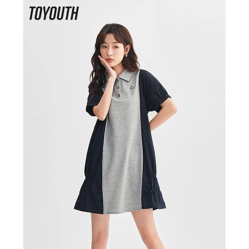 

Toyouth Women Dress 2023 Summer Short Sleeve Polo Neck with Buttons Loose Contrast Stitching Both Sides Drawstring Casual Skirt