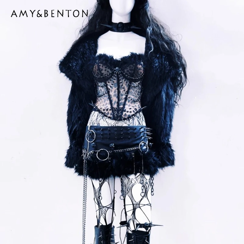 

Gothic Performance Costume Leopard Print Women's Vest Autumn New Design Skirt Black Faux Fur Coat Heavy Metal Long Boots Ladies