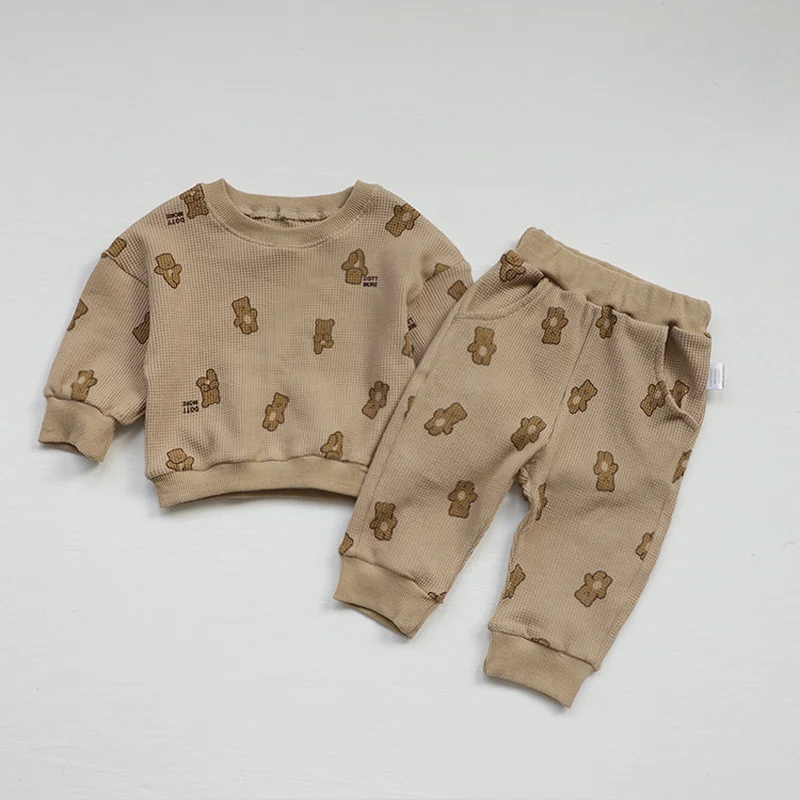 2022 Spring Kids Clothes Cotton Waffle Bear Print Suit Casual Sports Two Piece Cotton Waffle Bear Print