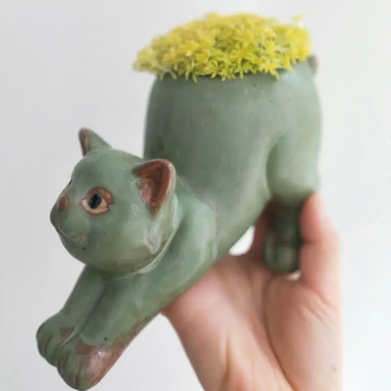 Succulent Flower Pot Cat Cute Cartoon Animal Creative Personality Fun Ceramic Wannian Grass Monkey Tail Column Office Ornament