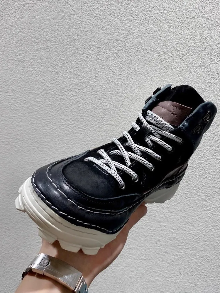 New Spring Mens Casual High Top Sneakers Lace Up Genuine Leather Boots Mixed Colors Design Platform Cargo Shoes Male Short Boots