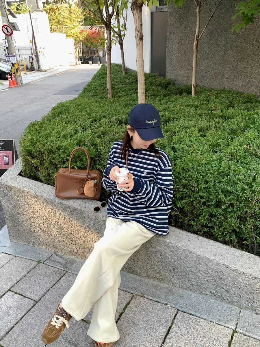 

Thiened Pure Cotton Striped Base T-irt Women's oulder Drop Long Sve Outerwear Spring Upade Version Commute Sle K...