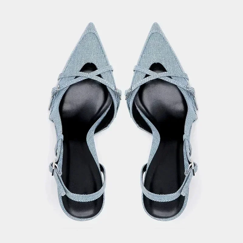 Sexy Pointed Toe High Heel Sandals for Lady Blue Denim Stilettos Fashion Buckle Strap Elegant Women's Shoes 2025 Summer Footwear image 2