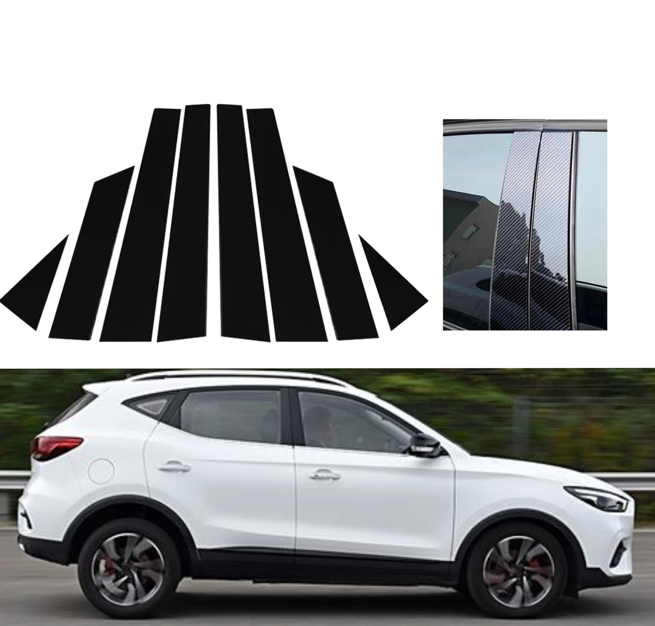 

Fit For MG ZS ZX ZST Astor 2018 2019 2020 2021 2022 2023 8Pcs Silver Carbon Gloss Black Pillar Posts Door Trim Window Cover