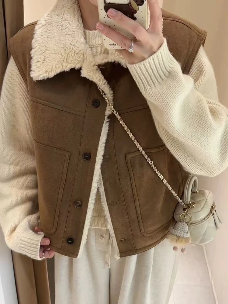 

Винтажный жилет из овечьей шерсти, женский корейский свободный однобортный жилет без рукавов Y2K, зимняя толстая теплая повседневная укороченная верхняя одежда Mujer