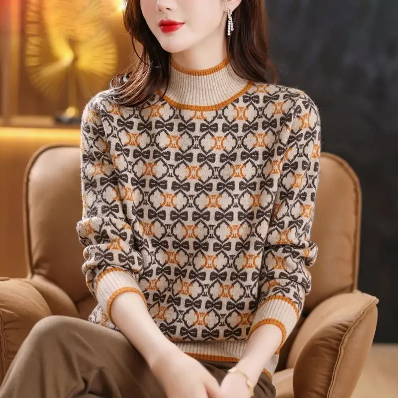 

Women Vintage Long Sleeve Sweaters Autumn Winter Thicken Jacquard Mock Neck Loose Fashion Female Pullover Casual Knitted Tops