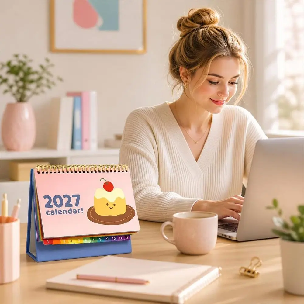 Paper Monthly Calendar Spiral Bound Freestanding Desk Planner Monthly Layout Cartoon Pattern Self-discipline Check-in Book