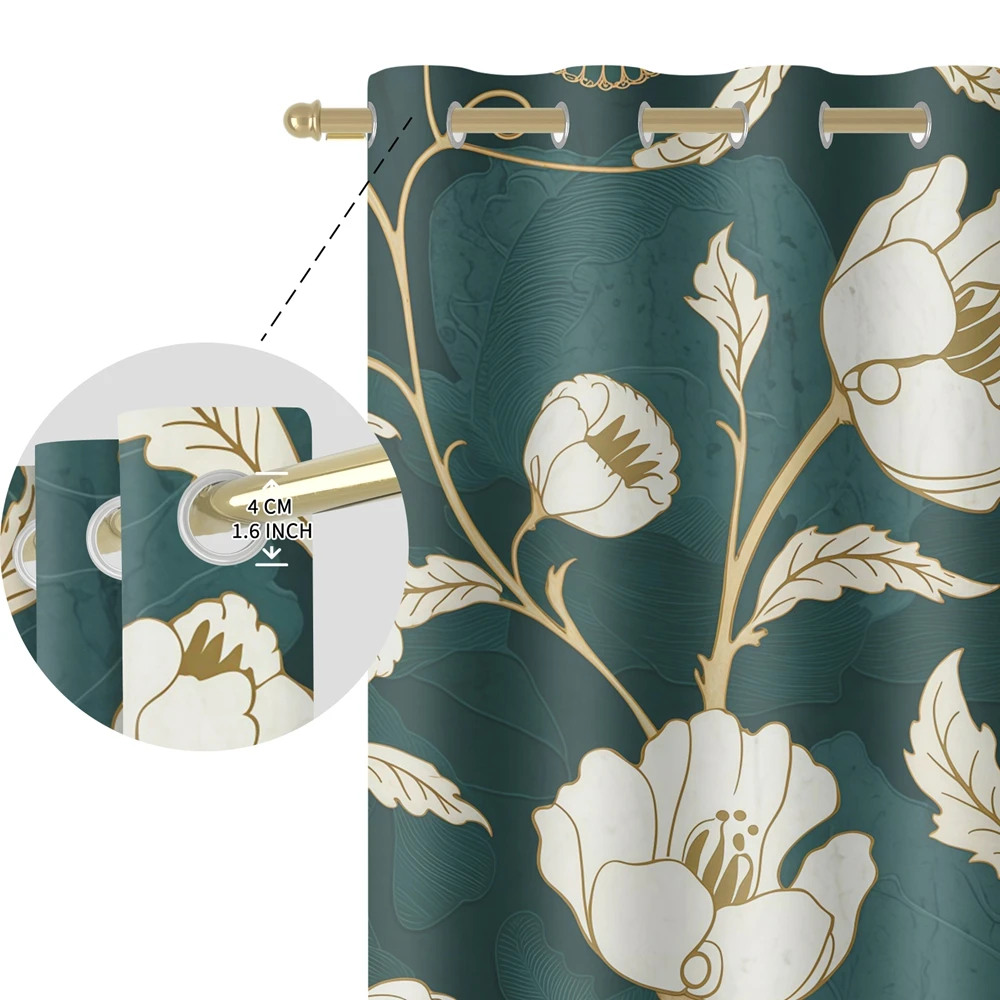 Luxury Botanical Floral Blackout Curtains, Dark Green Gold Print Grommet Drapes Thermal Insulated for for Living Room Bedroom