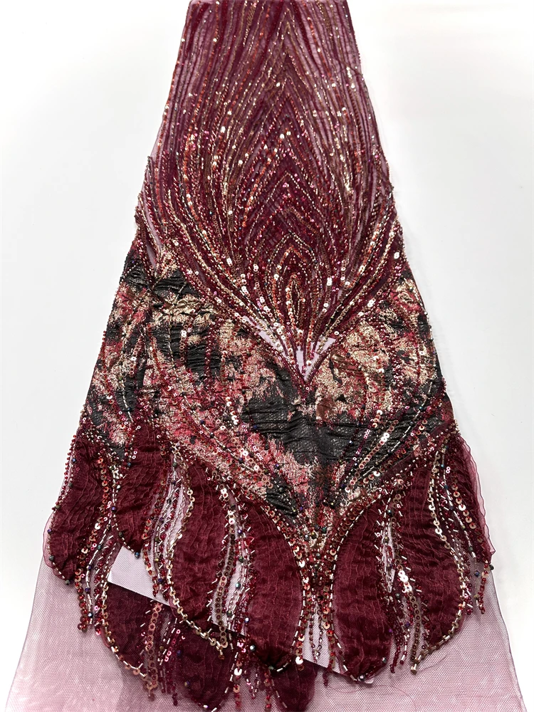 Latest African Sequins Lace Fabric 2026 High Quality Lace Embroidery Beaded Mesh Fabric 5 Yards for Women Party Dress