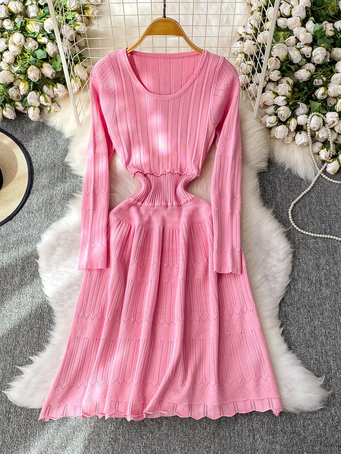 Vestido de Suéter de Malha de Manga Longa com Decote Redondo Rosa para Mulheres, Vestido de Camada Base com Cintura Psada ...