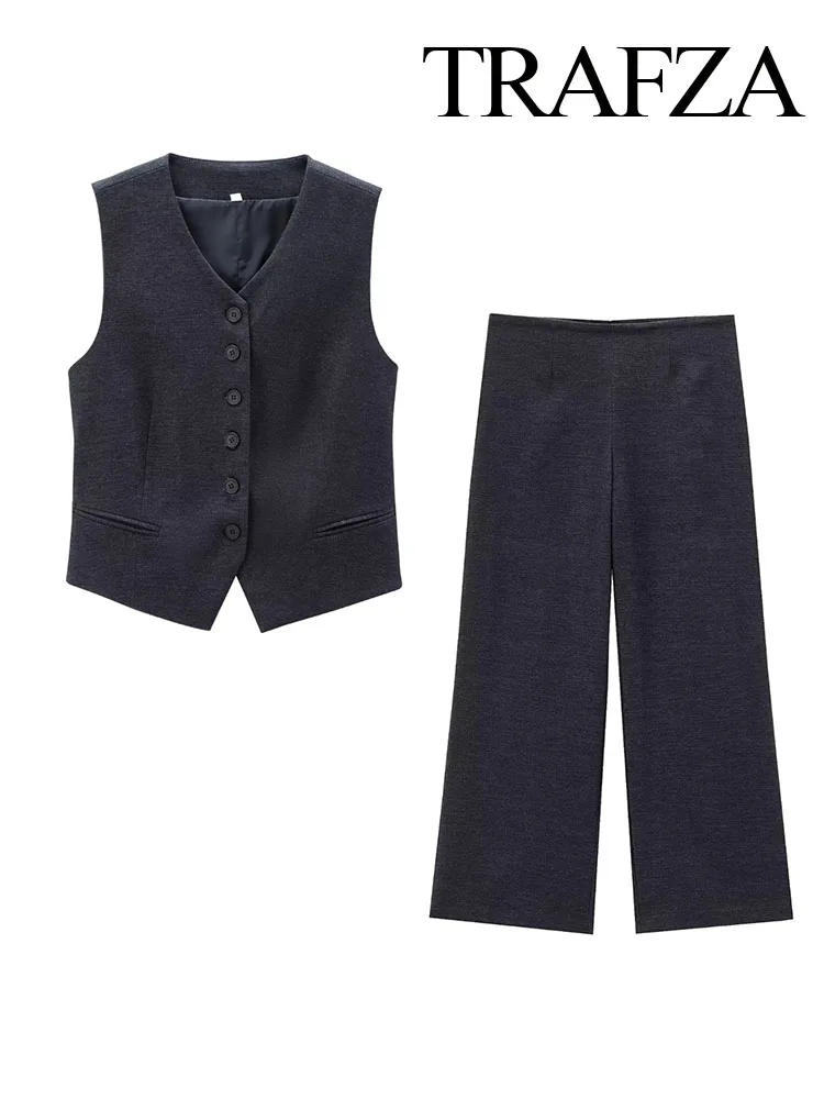 

TRAFZA Summer Women Elegant Suits V-Neck Sleeveless Single-breasted Waistcoat Tops+Imitation Denim Zipper Lantern Trousers Mujer