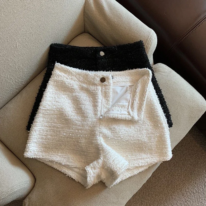 Mexzt tweed shorts feminino elegante cintura alta perna larga shorts senhora do escritório coreano branco preto casual todos os jogos chiques calças curtas novo