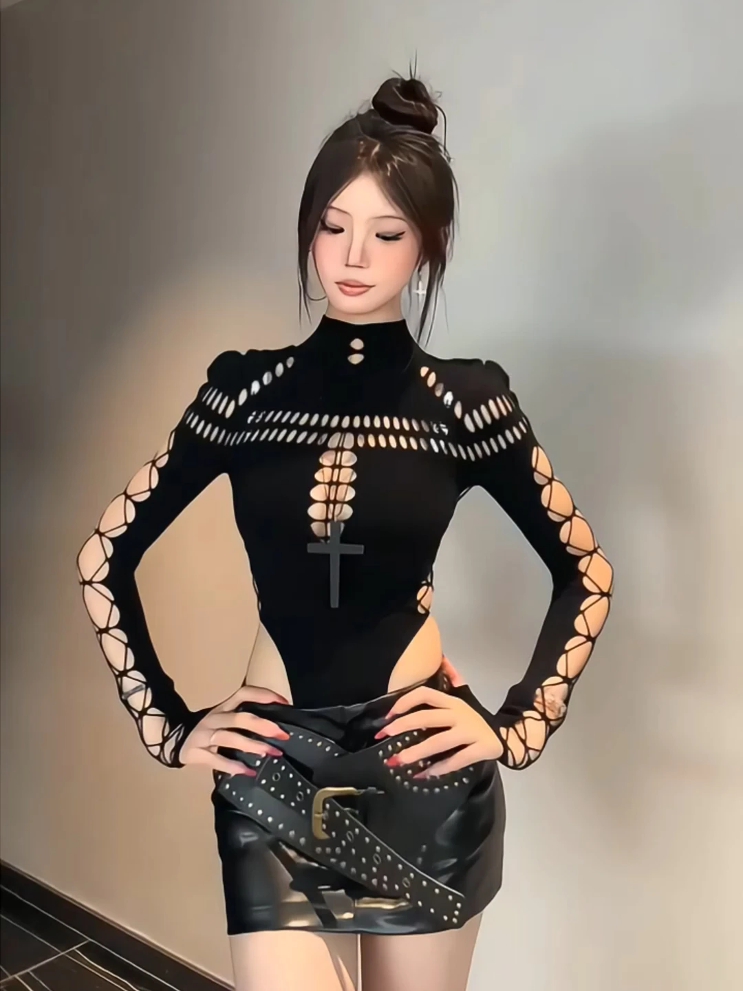 

Сексуальный ретро-ф с высоким воротником, ажурный медный длинный комбинезон-комбинезон, зимняя юбка Pure Desire, комплект из двух предметов для женщин