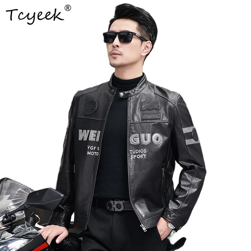 

Tcyeek Real Goatskin Spring Autumn Trendy Stand Up Collar Black Short Men's Genuine Leather Jacket Куртка Кожаная Мужская 가죽 자켓