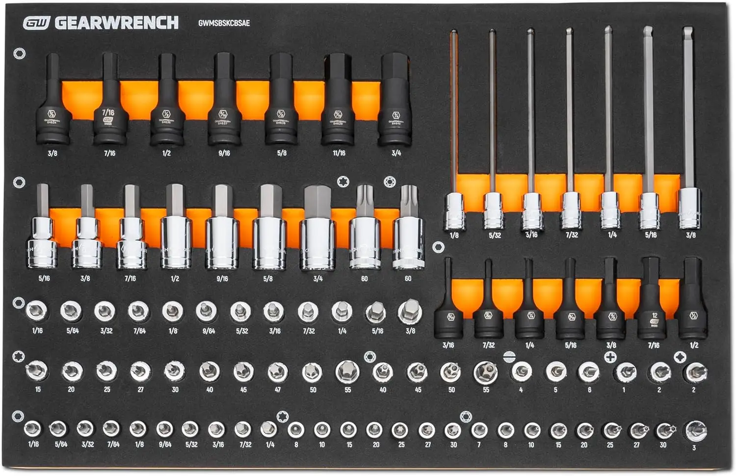 GEARWRENCH 88 Piece 1/4”, 3/8”, 1/2” Drive SAE Bit Socket Set in Foam Storage Tray - GWMSBSKCBSAE