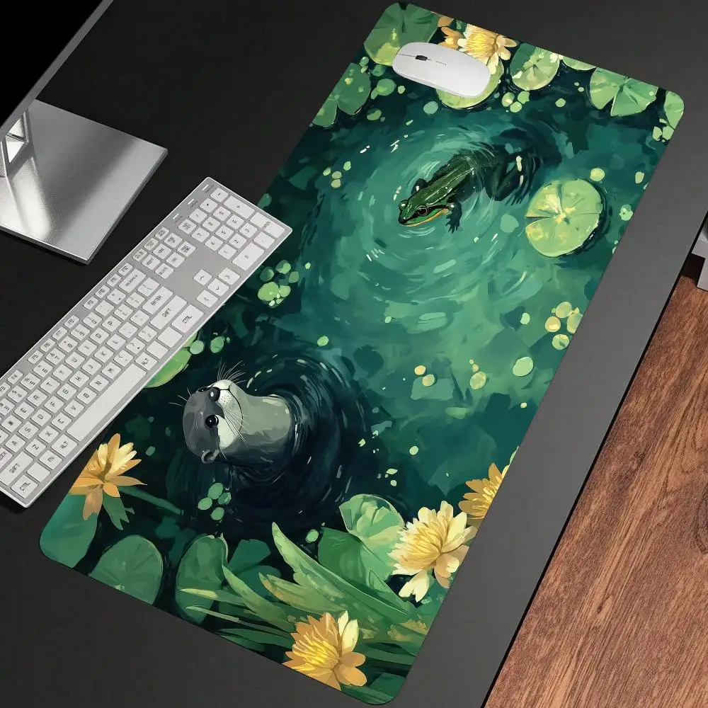 Cute Frog Otter Large Gaming Mouse Pad Green Lotus Pond Nature Scenery Non‑Slip Rubber Extended Keyboard Desk Mat for Office