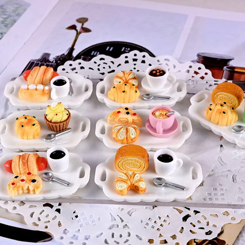 2sets Dollhouse Mini Kitchen Cake Bread Simulation Breakfast Set Miniature Food Play Scene Props