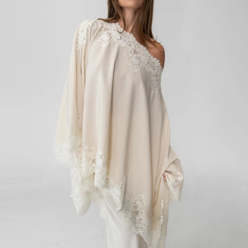 

New Spring Diagonal Collar Top and Skirt Women Outfit Elegant Temperament Guest Suit White Lace Patchwork Party Two Piece Set