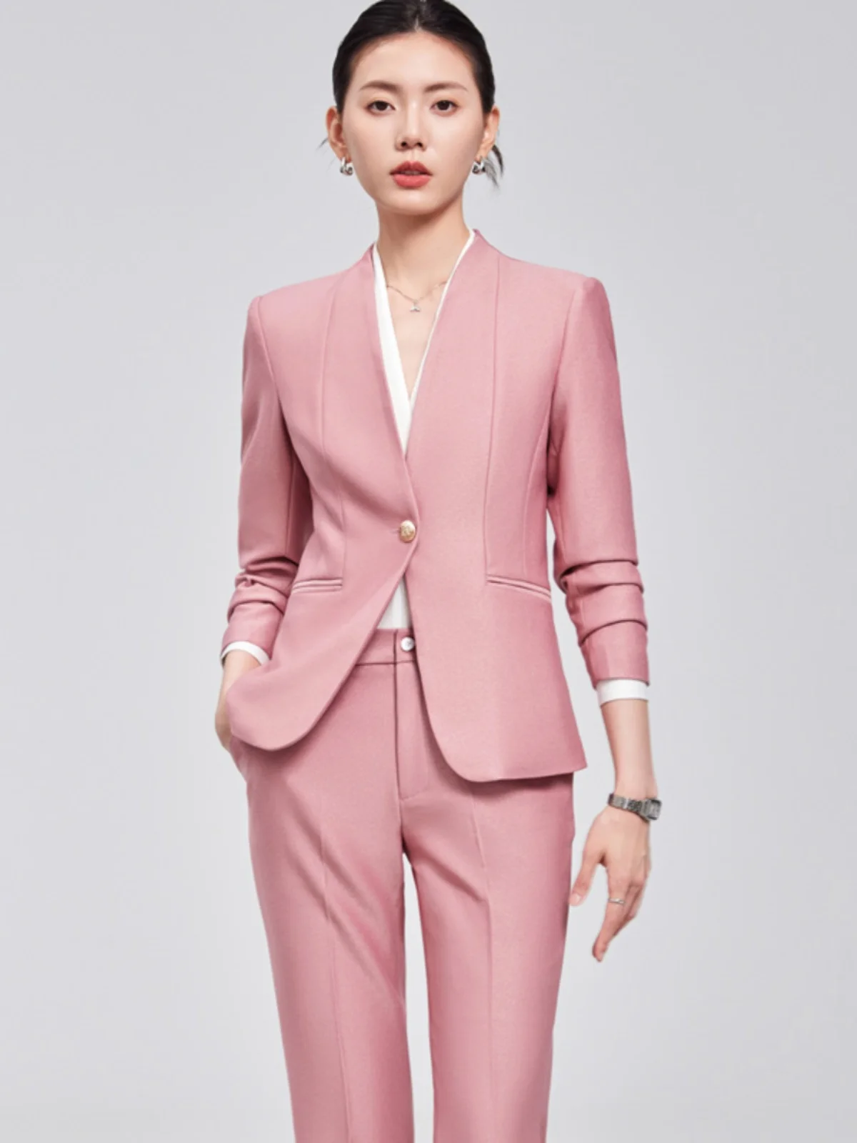 

Розовый деловой костюм-двойка для женщин: весенне-осенний комплект с длинным рукавом для собеседований, студенческий и профессиональный гардероб