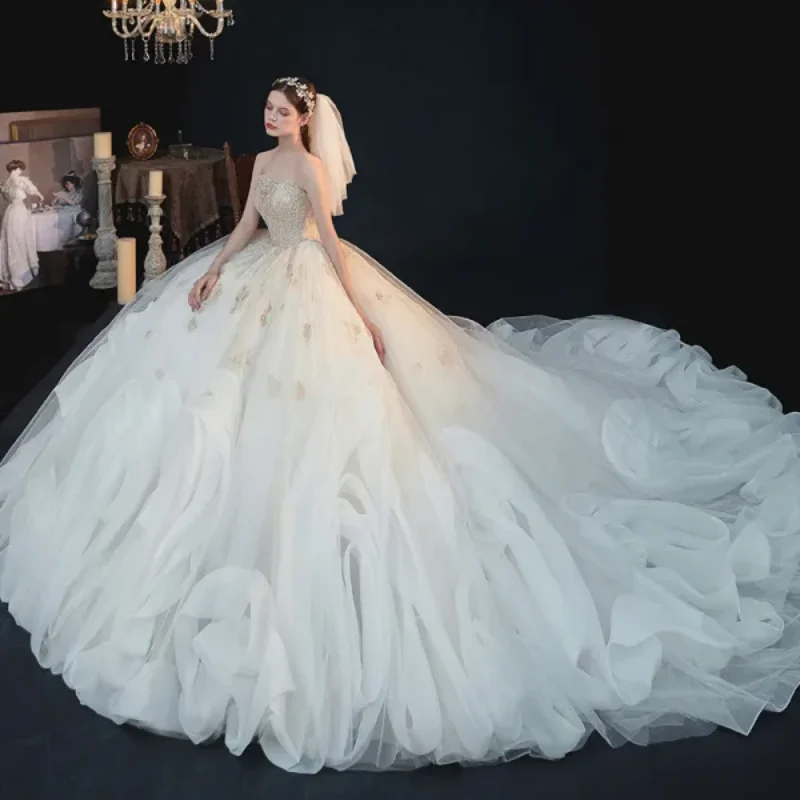 

Ladies' 2025 Customized Wedding Dress Gorgeous And Dreamy Strapless Exquisite Gold Lace And Sequin Decoration Back Strap Design