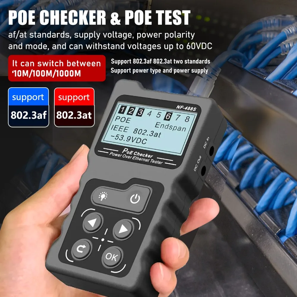NOYAFA-Network Cable Tester, NF-488 Poe Ethernet Cable Tester, Continuity Tester, DC Power Switch, Loop-Back Test for CAT5e, CAT