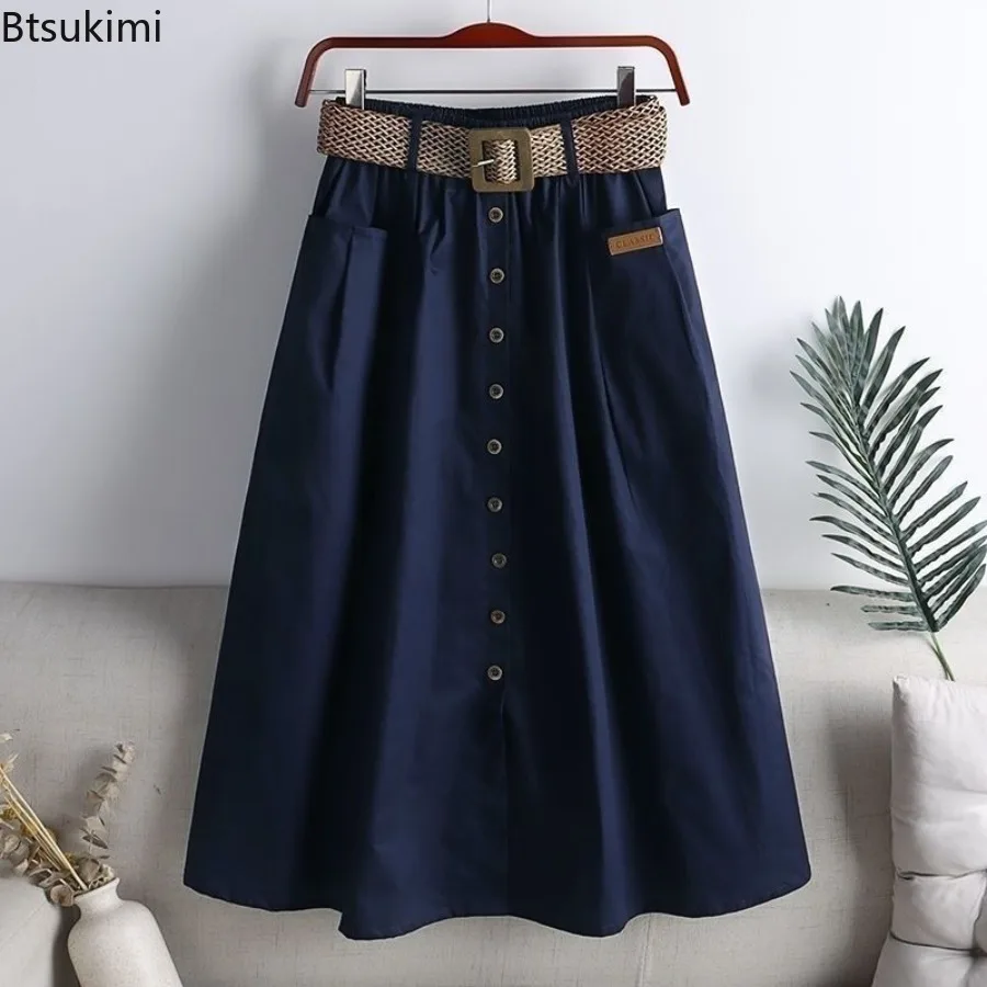 2024 Women's Spring Summer Casual Skirts Solid A-Line Button Folds Sashes Skirts Female High Waist  All-match Skirts for Girls