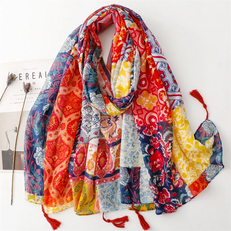 

Summer Fashion Aztec Floral Polyester Tassel Scarf Lady Print Soft Shawls and Wraps Pashmina Bufanda Muslim Hijab Sjaal 180*90Cm