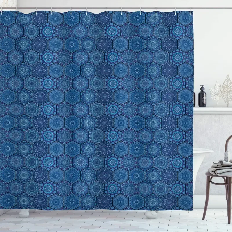 Dark Blue Shower Curtain Hexagonal Honeycomb Pattern Bohemian Rich Mandala Motifs Moroccan Tile Cloth Fabric Bathroom Decor Set