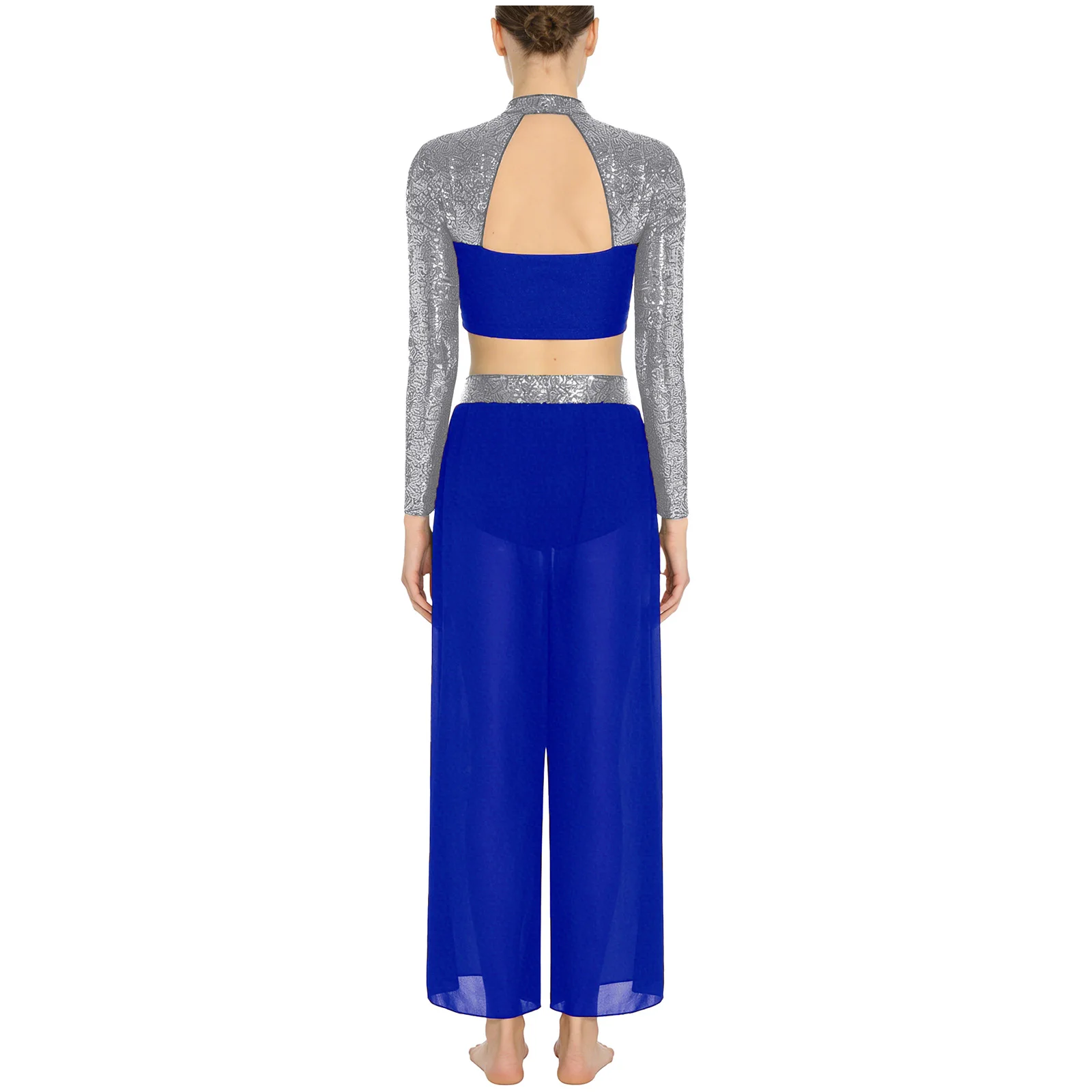 Abiti da ballo da sala jazz in due pezzi da donna Collo a lupetto Manica lunga Ritaglio sul retro Paillettes Strass Crop Top con pantaloni con spacco laterale