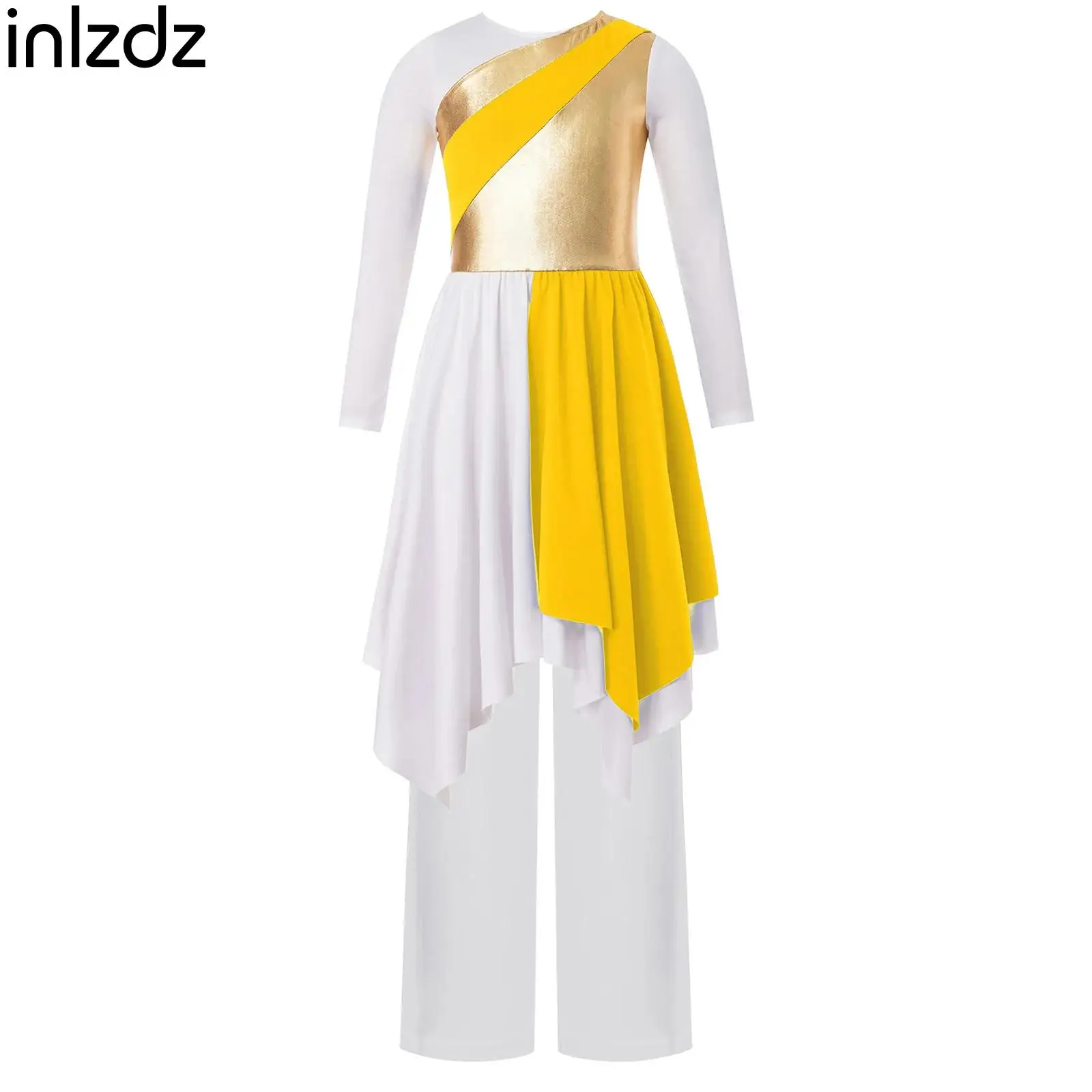 

Children Girls Lyrical Liturgical Celebration Praise Dance Performance Outfit Asymmetrical Hem Metallic Dress+Pants 2-piece Sets