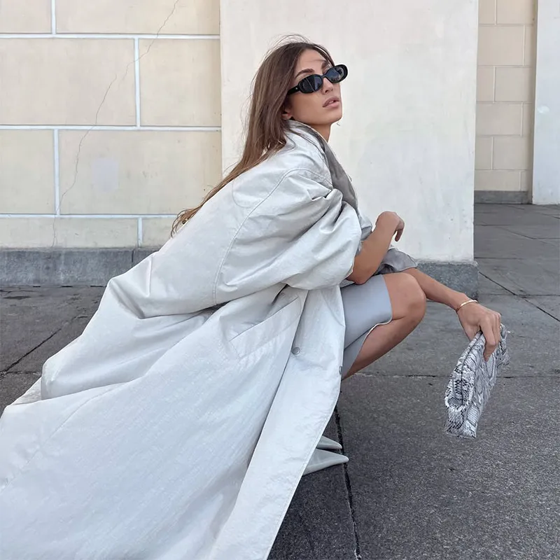 Stehkragen Langer Einfarbiger Damen-Trenchcoat Langarm Doppelreihig Locker Geschnittener Damen Frühling Herbst Mode Lässige Damenjacke 2026 – Detail 9