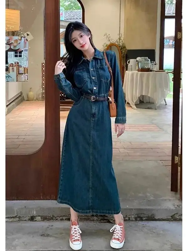 เดรสยีนส์ทรงเอ สไตล์วินเทจ ฮ่องกง ช่วยพรางหุ่น กระชับเอว รุ่นใหม่ล่าสุด สำหรับฤดูใบไม้ผลิและฤดูใบไม้ร่วง