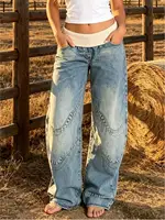 HME Jeans | American Vintage Relaxed Style Women Denim Pants, Ribbed Waist Wide Leg