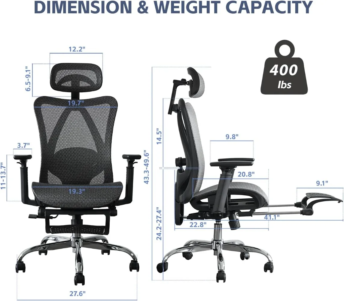 Kursi kantor ergonomis, silinder Gas bersertifikat SGS, kapasitas 400 LBS, kursi kantor dengan dukungan pinggang yang dapat disesuaikan, dapat ditarik