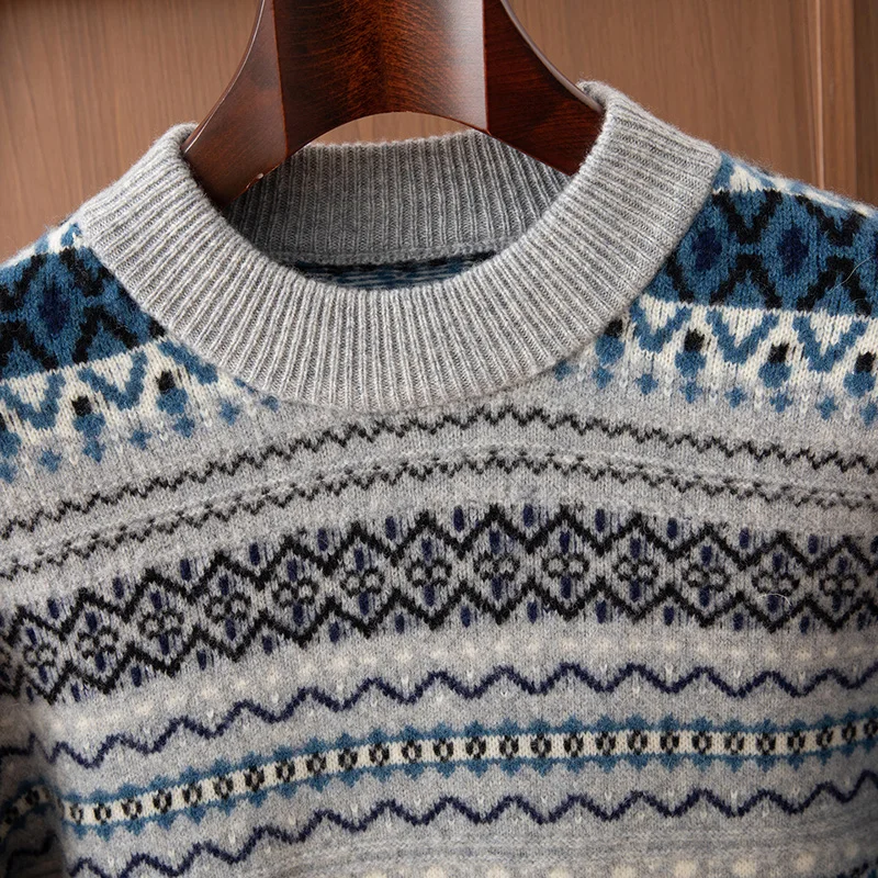 Autumn Winter 100% Pure Wool Men's Half-High-Necked Pullover Knitted Fashion Thickened Bottoming Shirt Jacquard Cashmere Sweater