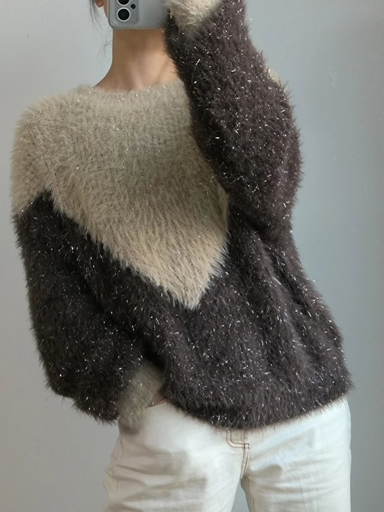 JIAMI Women Knitted Soft Jumper High Quality Sequin Fluffy Fuzzy Sweater Brown/Grey Vintage Knitted Pullover Autumn/Winter Tops