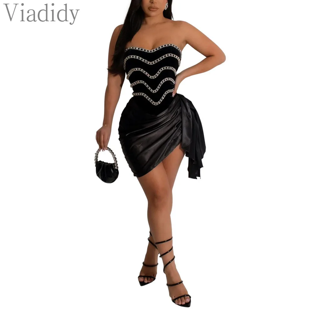 Women Sexy Solid Color Rhinestone Beads Decor Strapless Backless Irregular Bandeau Party Dress